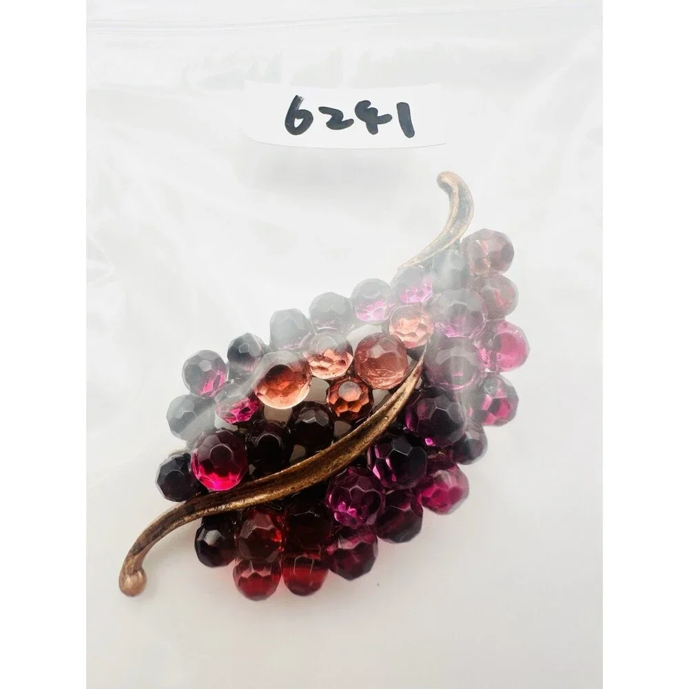 Gold Tone Leaf Fuchsia Glass Briolette Brooch